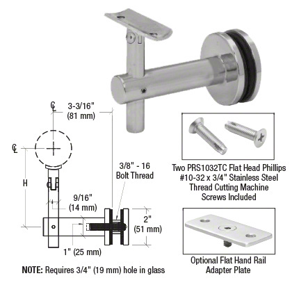 CRL Brushed Stainless Sunset Series Glass Mounted Hand Rail Bracket